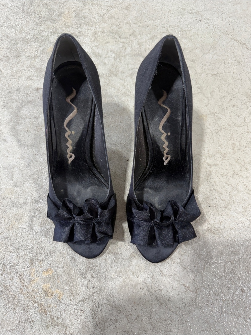 Nina Black Satin Peep-Toe Pumps with Ruffle Bow